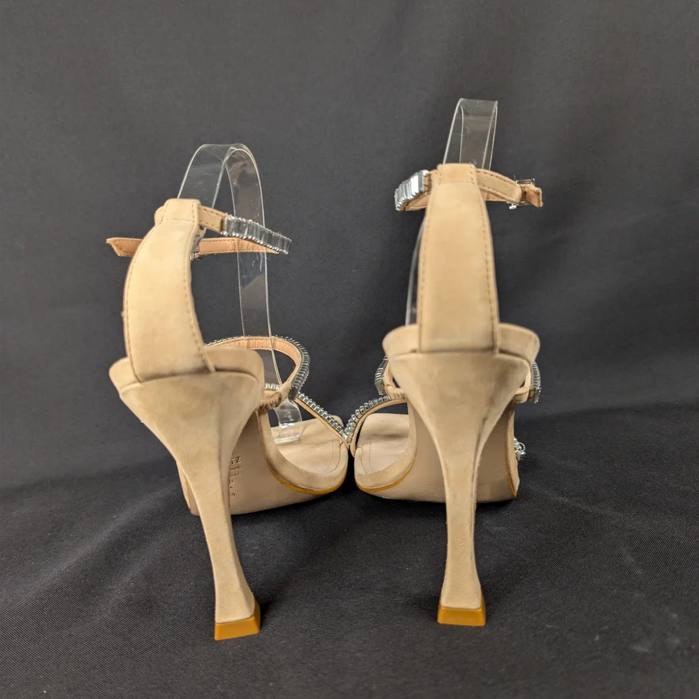 Schutz Ariella Crystal Sandals Nude Suede Square Toe Rhinestone 9.5B